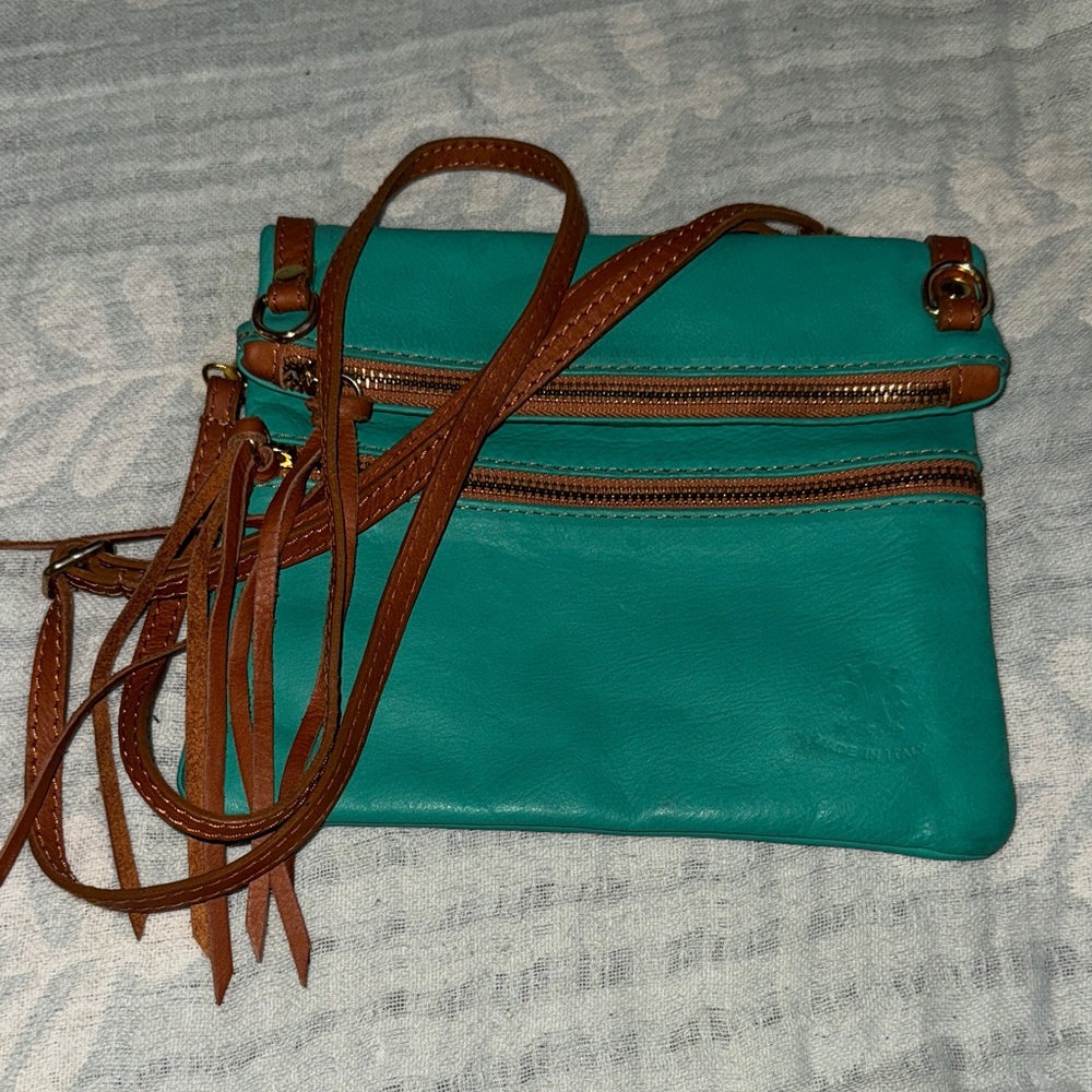 Teal and Brown Italian Leather Crossbody Bag